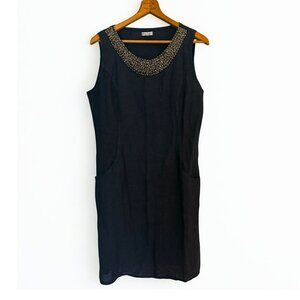 Lina Tomei Navy Linen Beaded Neck Sleeveless Mini Dress Medium Made in Italy GUC